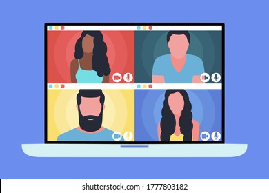 Illustration of conference video call, video call to a friend, study online, business meeting. Colorful flat vector illustration.