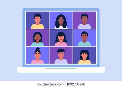 Illustration of conference video call, video call to a friend, study online, business meeting. Colorful flat vector illustration