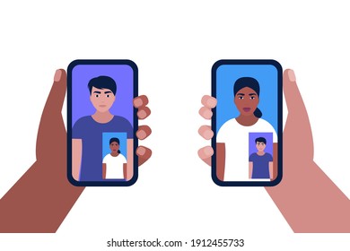 Illustration of conference video call, video call to a friend, study online, business meeting. Hands holding mobile phone. Colorful flat vector illustration.