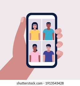 Illustration Of Conference Video Call, Video Call To A Friend, Study Online, Business Meeting. Hand Holding Mobile Phone. Colorful Flat Vector Illustration.