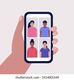 Illustration Of Conference Video Call, Video Call To A Friend, Study Online, Business Meeting. Hand Holding Mobile Phone. Colorful Flat Vector Illustration.