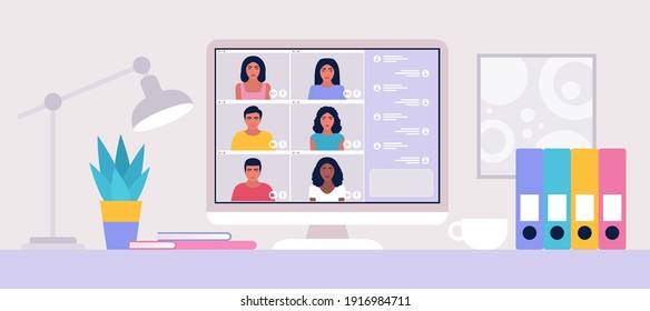 Illustration Of Conference Video Call, Video Call To A Friend, Study Online, Business Meeting. Colorful Flat Vector Illustration.