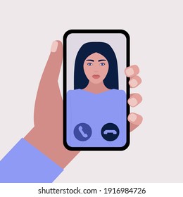 Illustration of conference video call, video call to a friend, study online, business meeting. Hand holding mobile phone. Colorful flat vector illustration.