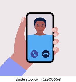 Illustration of conference video call, video call to a friend, study online, business meeting. Hand holding mobile phone. Colorful flat vector illustration.