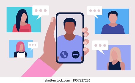 Illustration of conference video call, video call to a friend, study online, business meeting. Hand holding mobile phone. Colorful flat vector illustration.
