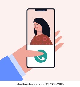 Illustration of conference video call, video call to a friend, study online, business meeting. Hands holding mobile phone. Colorful flat vector illustration.