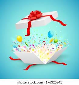 illustration of confetti and ballons coming out of surprise gift