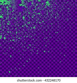 Illustration of confetti explosion effect isolated on purple squares background. Space  green star explosion of paint splatter. Green splash abstract background, blob frame vector illustration.