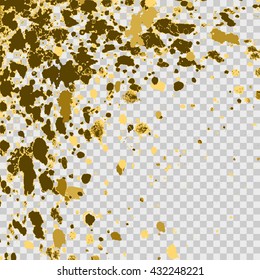 Illustration of confetti explosion effect isolated on transparent gray background. Space star explosion of paint splatter. Gold splash abstract background, blob frame vector illustration.