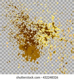 Illustration of confetti explosion effect isolated on transparent gray background. Space star explosion of paint splatter. Gold splash abstract background, blob frame vector illustration.