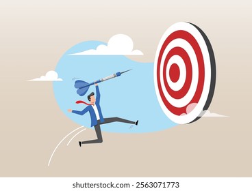 An illustration of confidence businessman holding dart jumping right to dartboard bullseye. Focus on business goal, reaching target or achievement, motivation to success concept