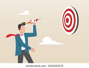An illustration of confidence businessman launch new rocket to hit target dartboard bullseye. Startup success target, marketing goal or target, project plan concept