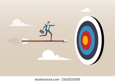 An illustration of confidence businessman on arrow bow aiming to hit target bullseye. Aiming to hit business goal or target, aspiration or performance, purpose or objective concept