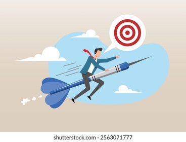 An illustration of confidence businessman riding dart aiming for target. Aiming for target or goal, determination and strategy to reach target and achieve aspiration and direction to win and victory