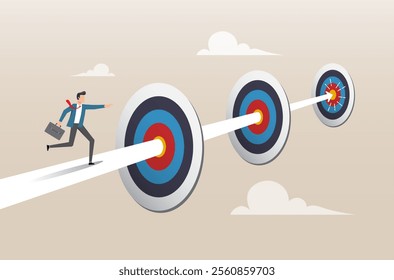 An illustration of confidence businessman running on arrow way through targets. Achievements or challenge to achieve targets and business goals, journey to succeed in work and career concept