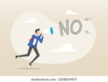 An illustration of confidence businessman speak out loud on megaphone to his boss with the word No. Learn to say no, leadership skill to manage workload, time management concept