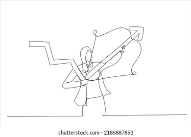 Illustration of confidence businesswoman federal reserve turn down trend graph to be rising up with his bow. Inflation rising up concept. One line art style
