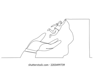 Illustration of confidence businesswoman jumping from helping giant hand to reach cliff target. Metaphor for business support to success, mentorship and motivation. Single line art style
