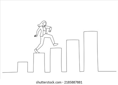 Illustration of confidence businesswoman step walking up stair of success with rising up arrow. Improvement or career growth. One line style art
