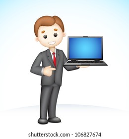 illustration of confident 3d business man in vector showing laptop