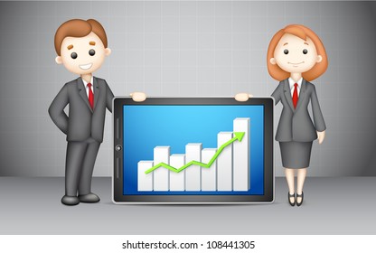 illustration of confident 3d business people in vector with presenting company bar graph