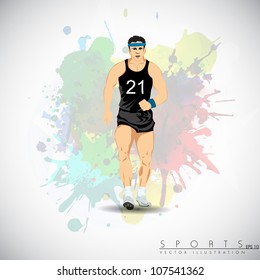 Illustration eines selbstbewussten Athleten, der sich auf grauem Farbspritzer-Hintergrund auf das Rennen vorbereitet. EPS10.