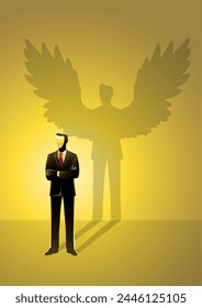 An illustration of a confident businessman arms crossed casting a superhero shadow with angel wings. Inner power, ambition