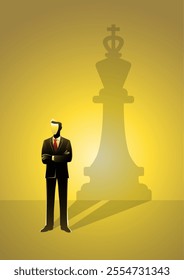 An illustration of a confident businessman arms crossed casting a shadow of a chess king on a wall as a symbol self-realisation of self-development, Inner power, ambition