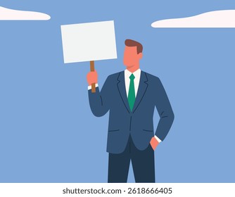 Illustration of a confident businessman holding blank sign under blue sky vector art
