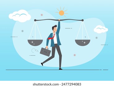 An illustration of confident businessman leader lift balance ethical scale. Balance and justice for leadership concept