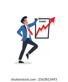 Illustration of a confident businessman presenting a growth chart, representing success, leadership, and business development
