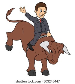 Illustration of the confident businessman riding big angry bull symbolizing success and risk in  business