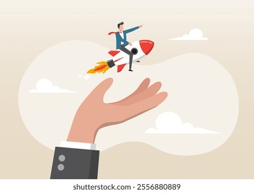 An illustration of confident businessman riding launching company rocket in supporter hand. Venture capital to funding startup company or small company to launch project concept