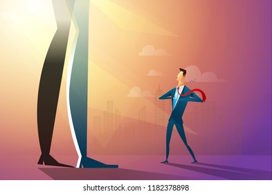 Illustration of a confident businessman ripping his shirt and turning into a superhero fighting with big company. Flat style vector illustration