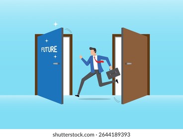 Uma ilustração de um empresário confiante correndo por uma porta aberta rotulada "FUTURE" enquanto sai de uma porta marrom simples atrás dele. O cenário representa progresso, ambição e oportunidade