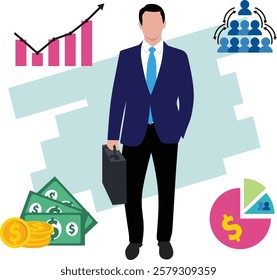 Illustration of a confident businessman standing with a briefcase, surrounded by a background of money, growth charts, and financial diagrams, symbolizing success and prosperity.