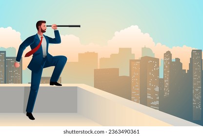 Illustration of a confident businessman standing on the top of a building, gazing at the city's skyline through a telescope. Themes of leadership, strategic vision, foresight, and future planning