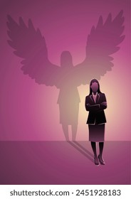 An illustration of a confident businesswoman arms crossed casting a superhero shadow with angel wings. Inner power, ambition