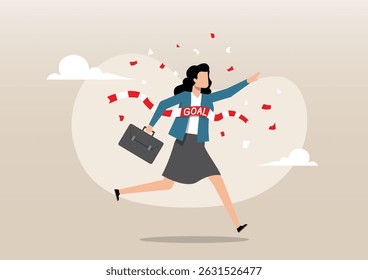 An illustration of a confident businesswoman running through a finish line labeled "GOAL," symbolizing the successful completion of a professional objective
