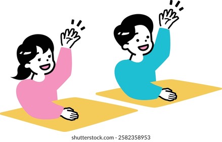 Illustration of confident elementary school boys and girls raising their hands in cram school classes: Children who shine even at school