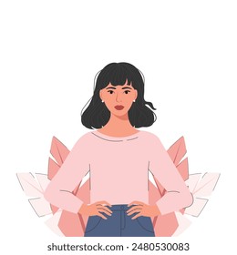 Illustration of a confident girl in a flat style, arms at her sides. Vector