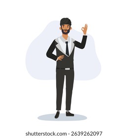illustration of confident indian businessman in formal wear making ok hand gesture