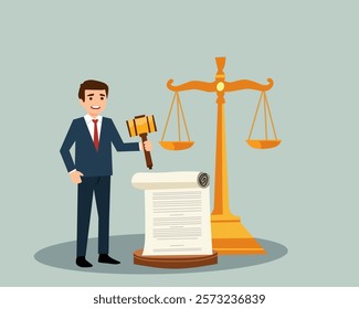 illustration of a confident male lawyer in a suit holding a gavel, standing beside a legal document scroll and balanced golden scales, representing justice and law