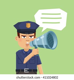 Illustration of a confident police officer talking through loudspeaker. Detective, policeman, inspector. Emoticon, emoji. Flat style vector illustration