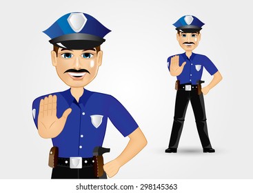 illustration of confident policeman with mustache showing stop gesture