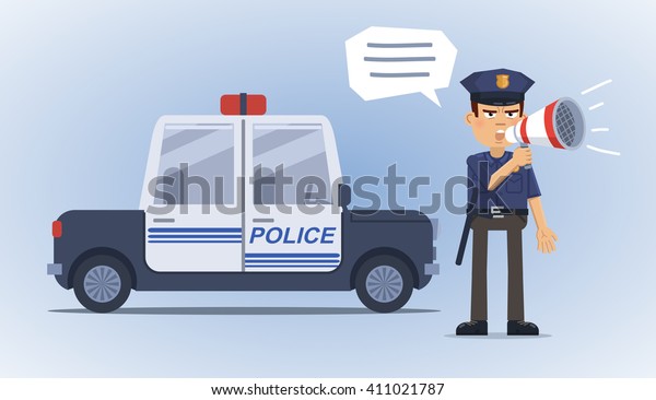 Illustration of\
a confident policeman talking through loudspeaker and standing in\
front of police car. Detective, police officer, inspector,\
roadblock. Flat style vector\
illustration