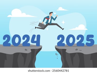 An illustration of confident success businessman attempt to jump high overcome risk to next cliff. Change year from 2024 to 2025 calendar or new challenge coming concept