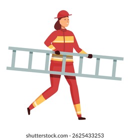 Illustration of a confident woman firefighter in full uniform walking while carrying a ladder