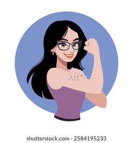 "Illustration of a confident woman flexing her arm, symbolizing strength and empowerment. Perfect for Women's Day, feminism, equality, girl power campaigns, posters, social media, and digital artwork.