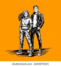 Illustration of a confident young man and woman standing side by side in modern streetwear, featuring a bold black and white style against a vivid orange background